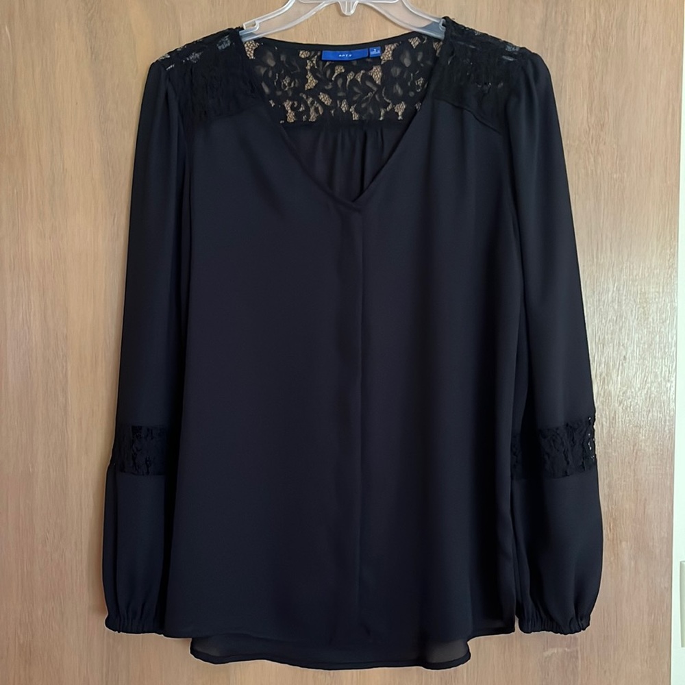 Dressy Long Sleeve Sheer Black Blouse with Lace Accents